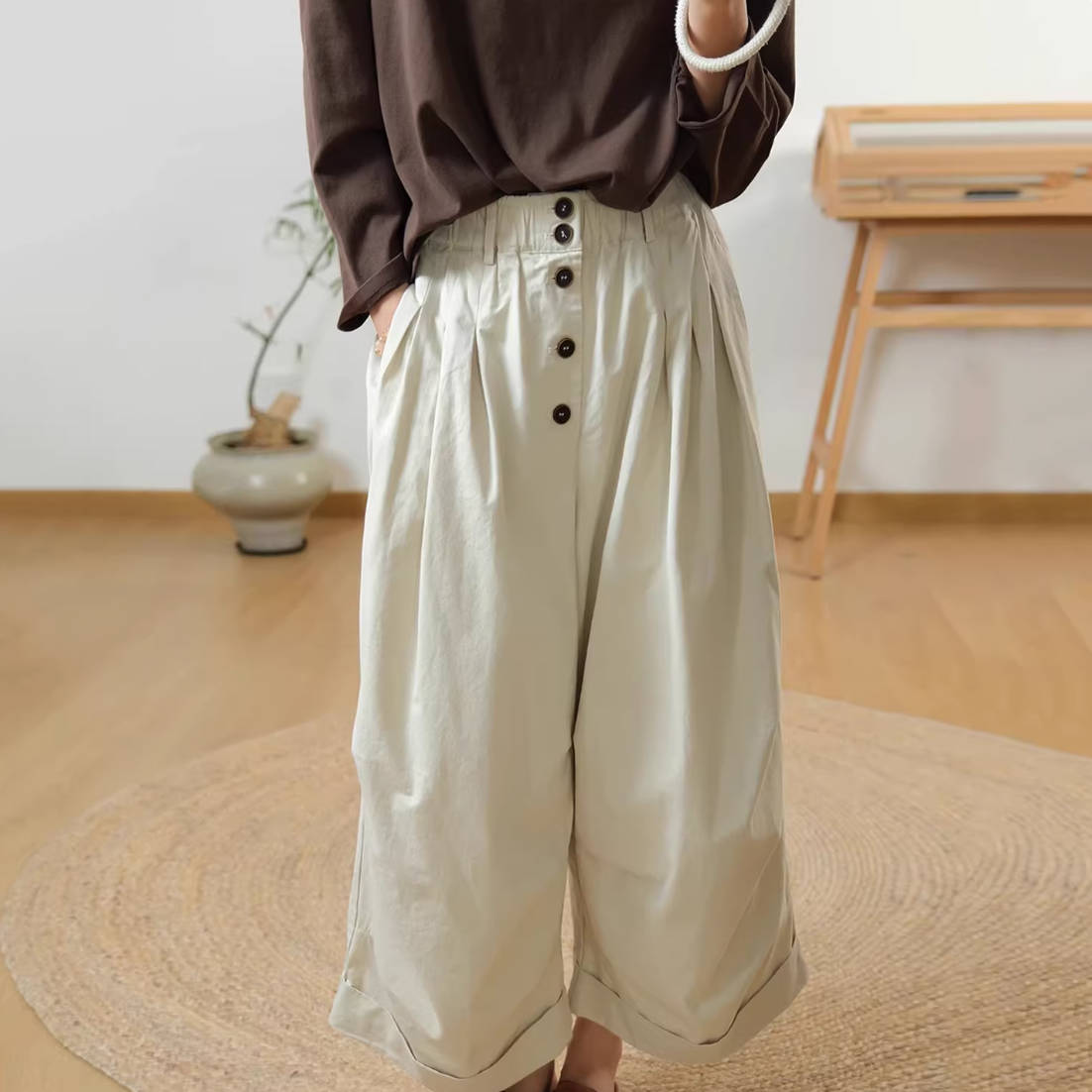 Spring Cotton Fashionable Elastic Waist Loose Breathable Pants