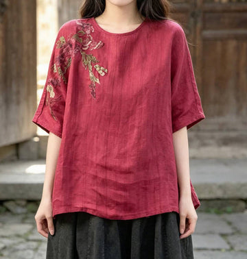 Women Vintage Embroidered Linen Drop Shoulder Loose Fit Slimming T-shirt