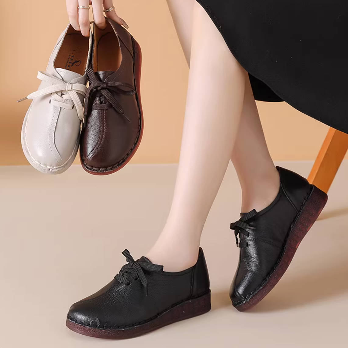 Spring Leather Round Toe Soft Sole Casual Lace-Up Working Shoes