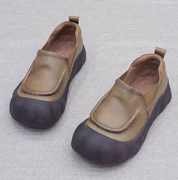 Retro Genuine Leather Round Toe Soft Sole Slip-ons