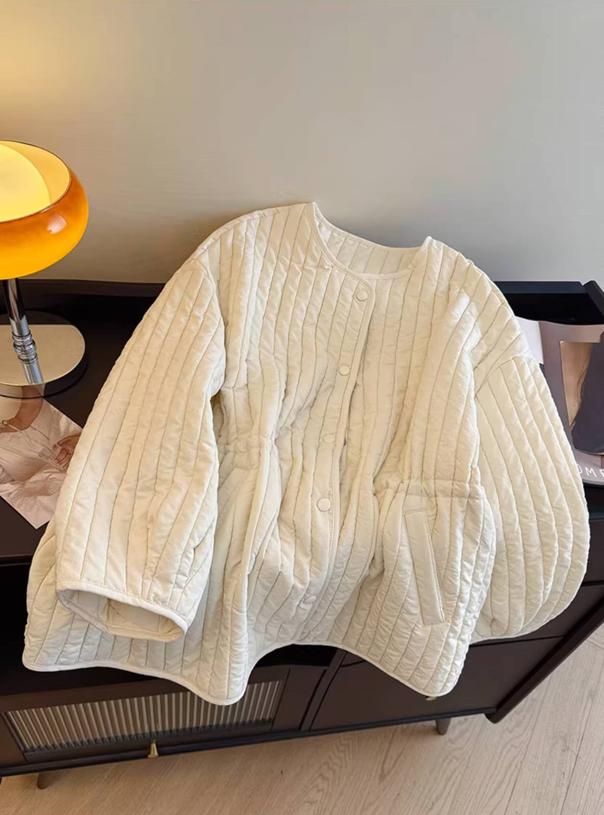 Solid Color Cotton Striped Round Neck Warm Cotton-In Coat