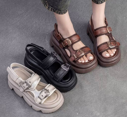Summer Vintage Ankle Strap Thick-Soled Leather Open-Toe Breathable Sandals
