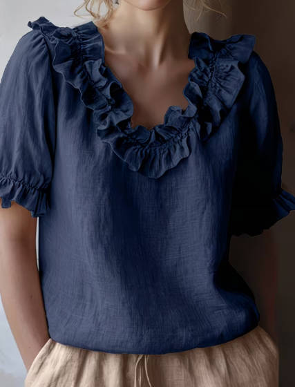 Casual Linen Solid Color Ruffled Short Sleeve Blouse Puff Sleeves Top