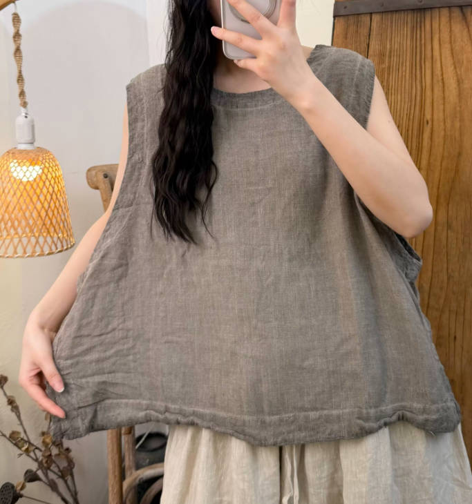 Spring Linen Stone Washed Sleeveless Casual Round Neck Shirt