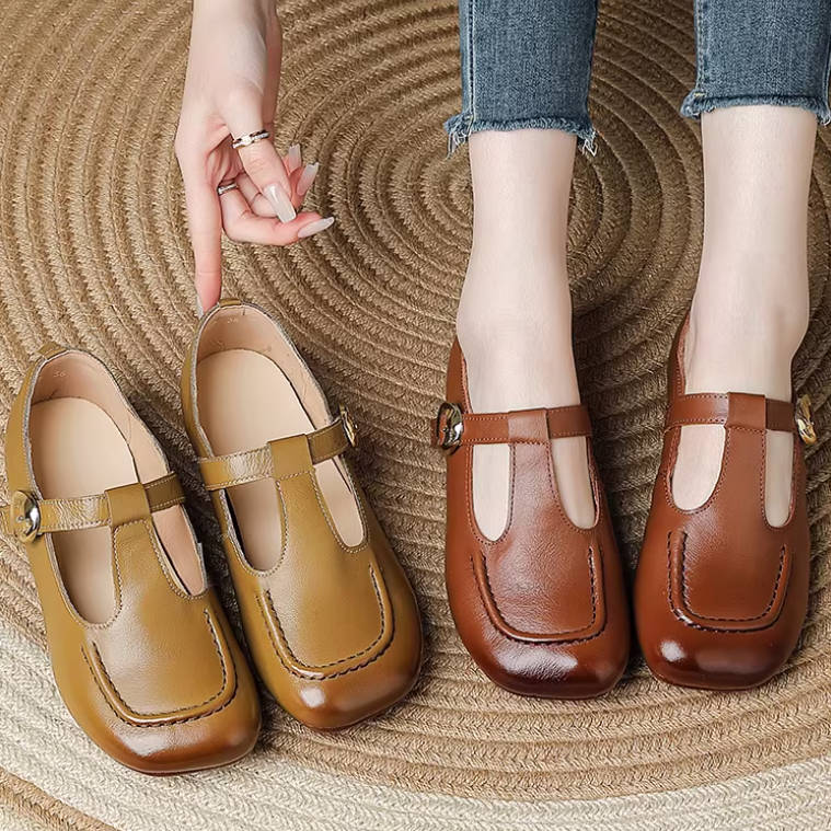 Top Leather Vintage Cut Out One Straped Square Toe Soft Sole Flats