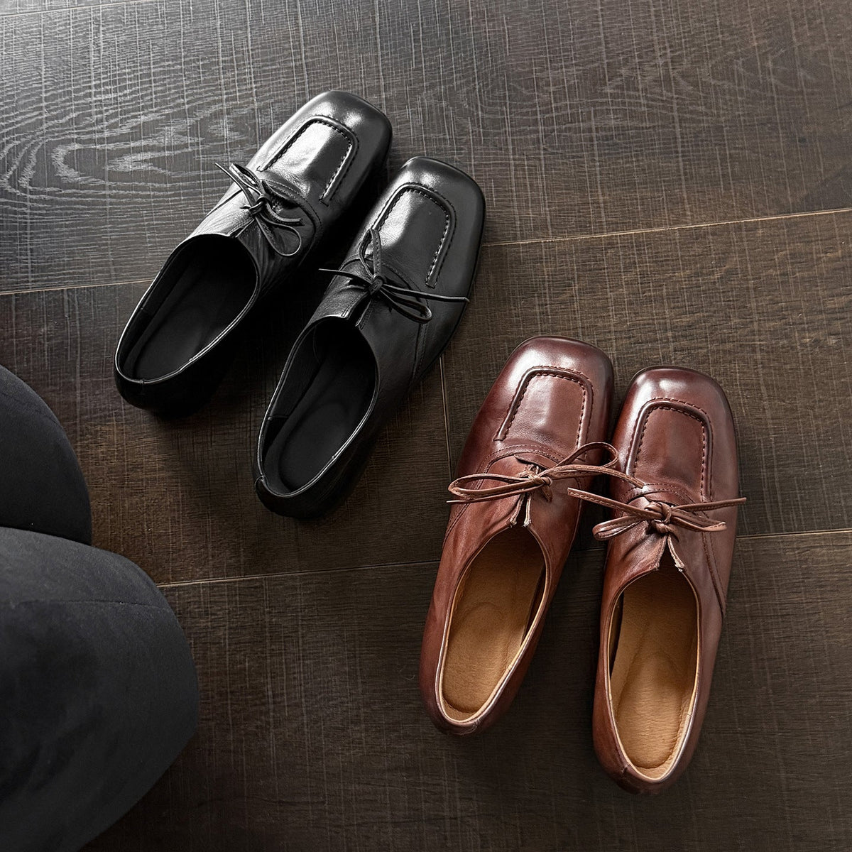 Square Toe Retro Leather Lace-Up Slim Elegant Soft Flat Sole Shoes