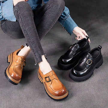 Retro Spring Leather Round Toe Straped Thick Soft Sole Casual Shoes