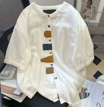 Retro Short Sleeve Patchwork Cotton-linen Casual Versatile Shirt Top