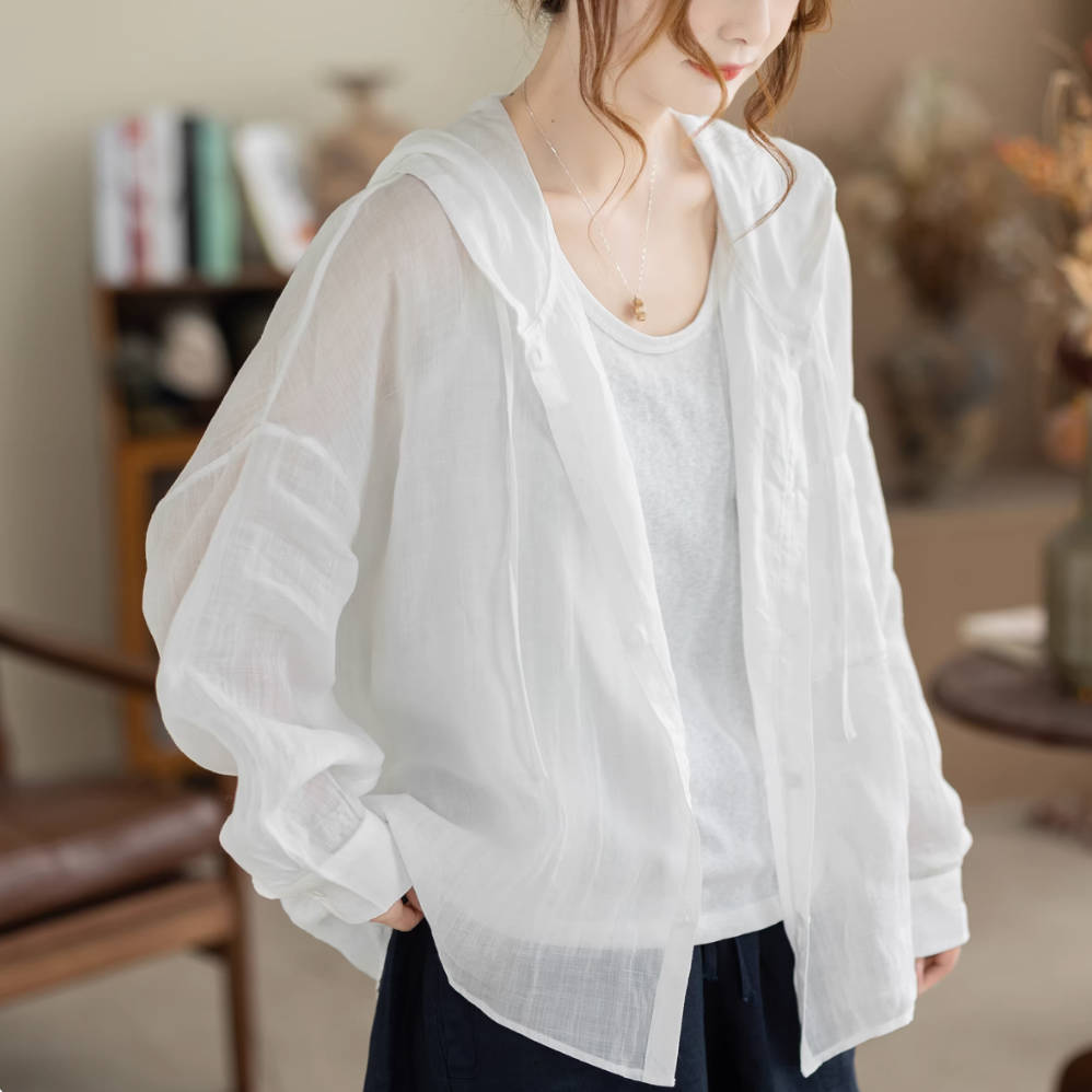 Spring Ramie Solid Color Thin Slim Loose Hoodies Breathable Shirt