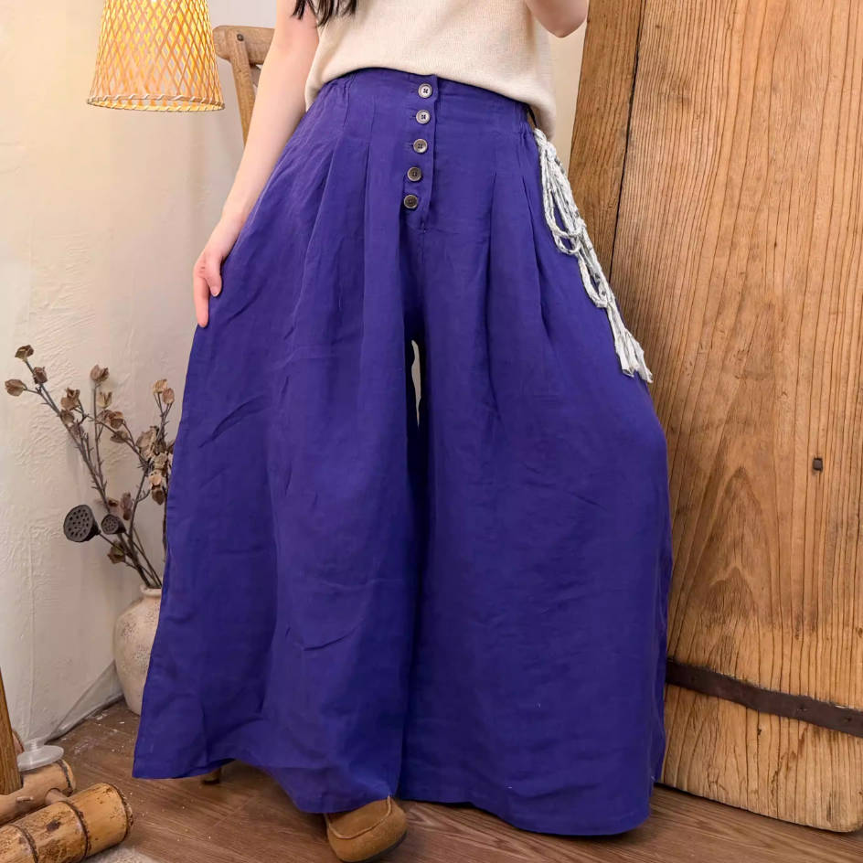 Spring Fashionable Linen Colorful Wide Legs Elastic Waist Pants