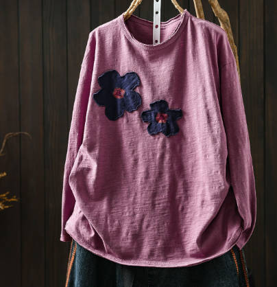 Vintage Cotton Flower Round-Neck Long-Sleeve Pullover Top