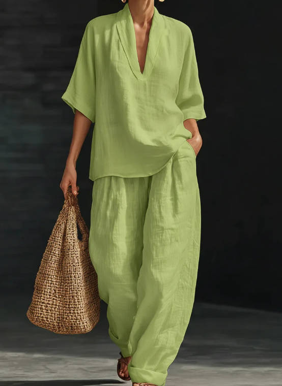 Spring Loose Solid Color Linen Casual Wide-Leg Pant Set