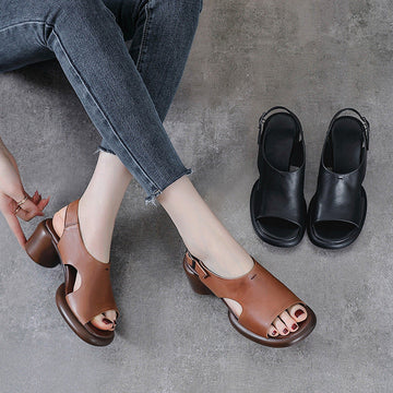 Spring Retro Leather Open Toe Chunky Casual Straped Sandals