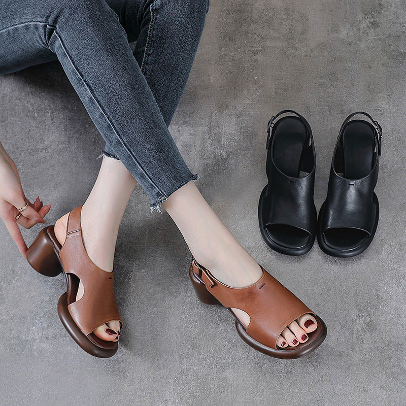 Spring Retro Leather Open Toe Chunky Casual Straped Sandals
