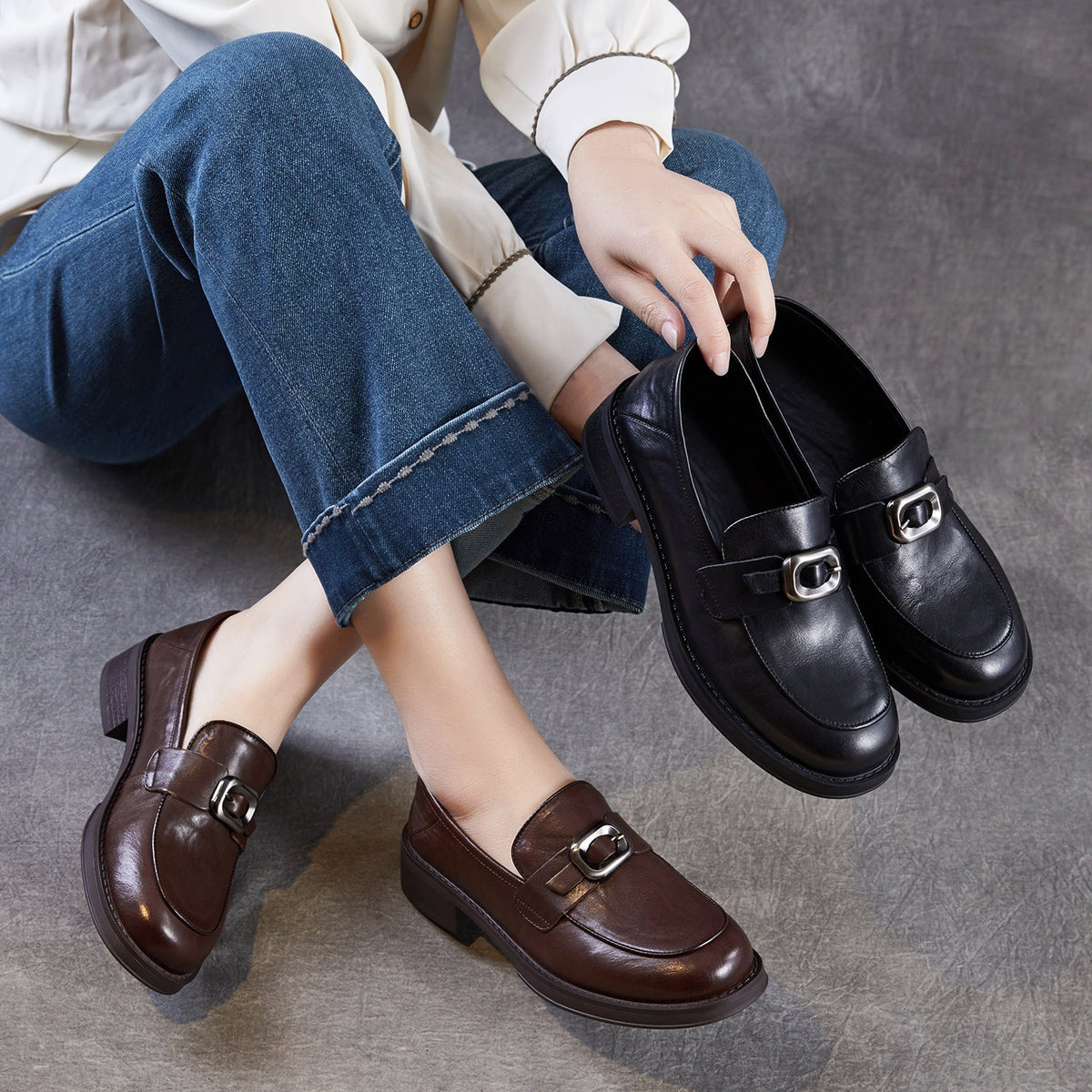 Vintage Elegant Leather Straped Slip-On Casual Loafers