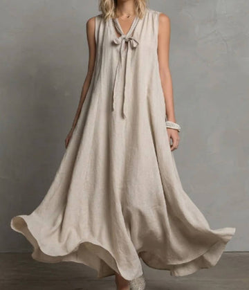 Spring Elegant Linen V-neck Tie Waist Sleeveless Dress