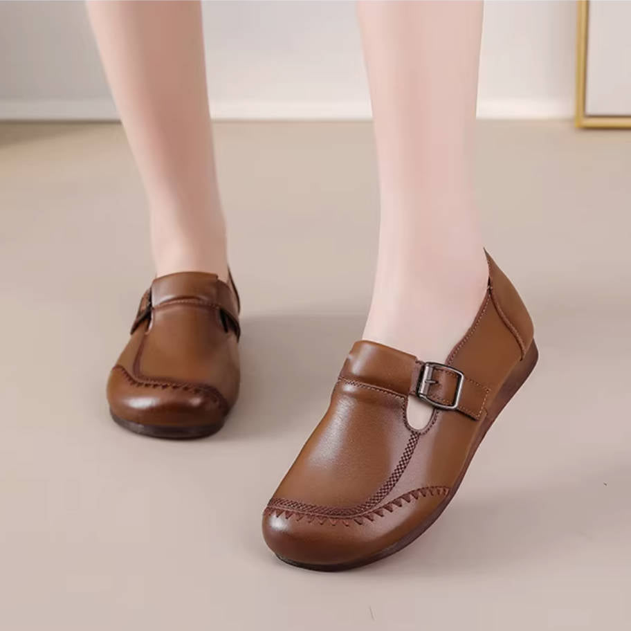 Spring Retro Top Leather Cut Out Round Toe Slip-On Flat Shoes