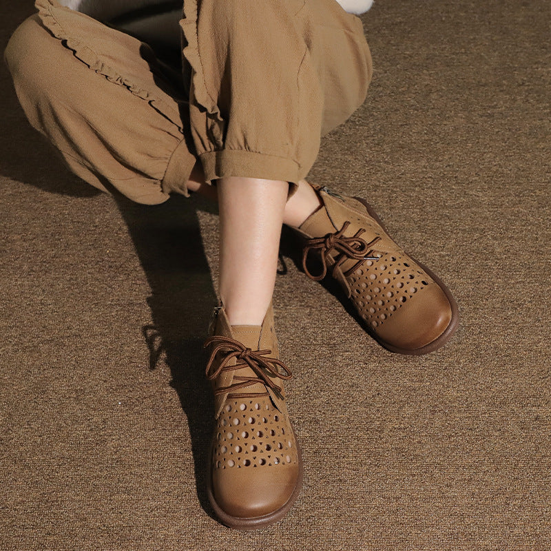 Retro Leather Hollow Breathable Closed Toe Lace-Up Boots