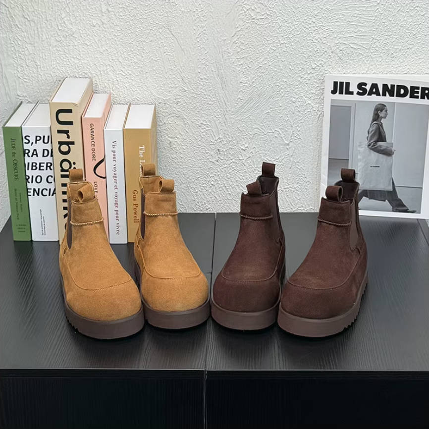 Leather Sueded Round Toe Platform Flat Sole Warm Plush Elastic Boots