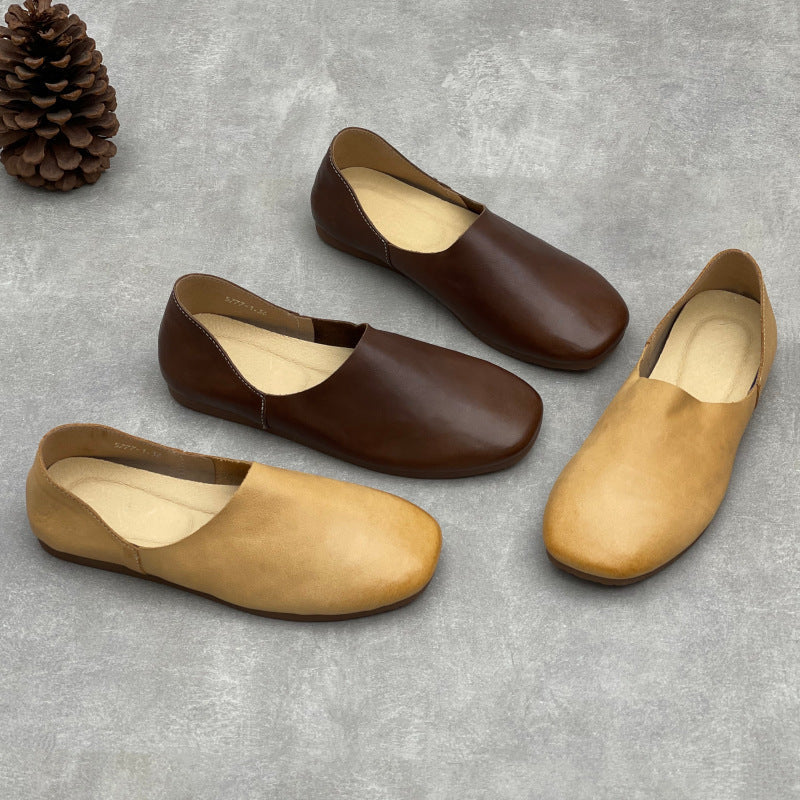 Retro Top Leather Closed Round Toe Soft Comfy Slip-On Flats