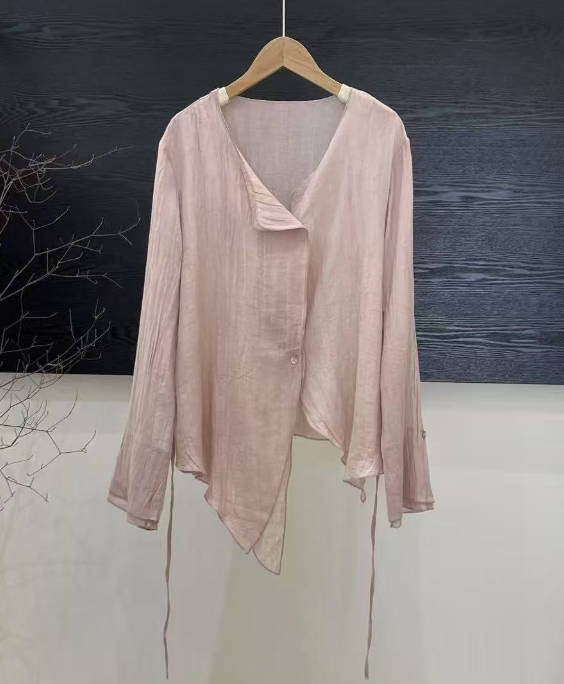 Casual Versatile Ramie Cardigan Lace Up With Belt Design Top