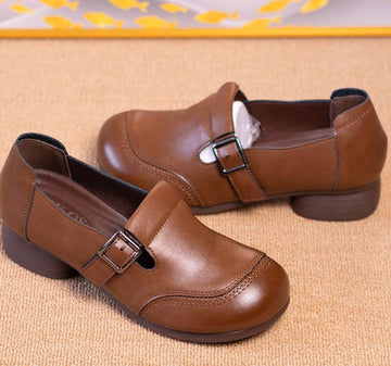 Retro Soft Leather One Straped Round Toe Soft Sole Flats