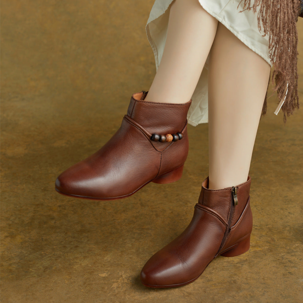 Genuine Leather Pointed Toe Beading Zipper Low Heel Ankle Boots