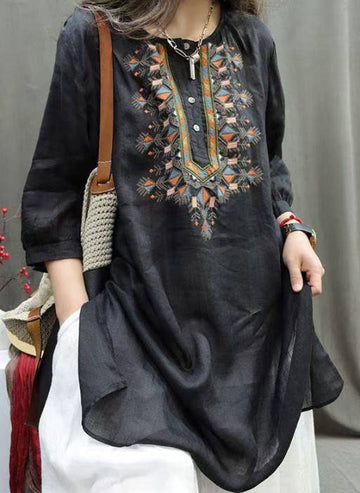 Vintage Casaul Cotton Linen Loose Half Sleeves Embroidered Top