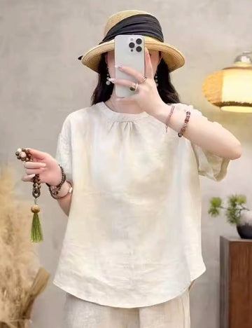 Spring Solid Color Linen Loose 3/4 Sleeve Casual Top