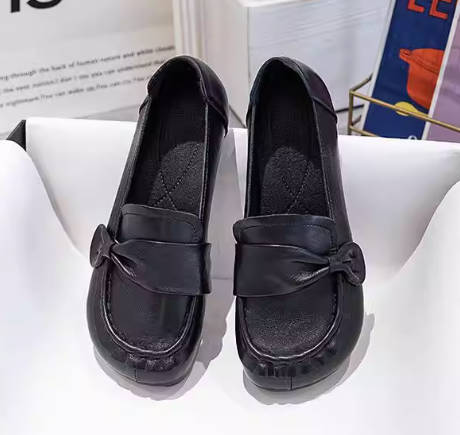 Women Bowknot Genuine Leather Round Toe Soft Sole Flat Slip-on
