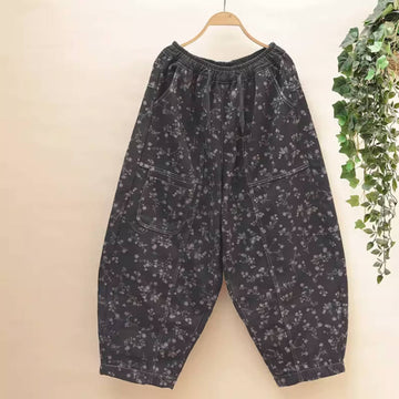 Winter Floral Printed Denim Elastic Waist Warm Plush Harem Pants