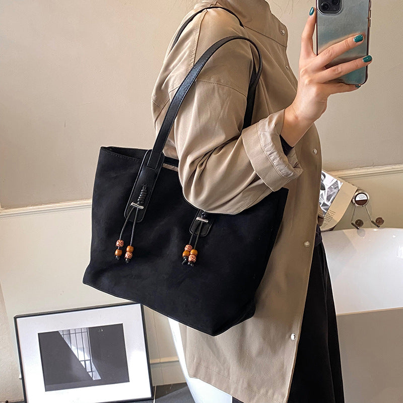 Sueded Big Size Leather Straped Beaded Tassel Casual Tote Bag