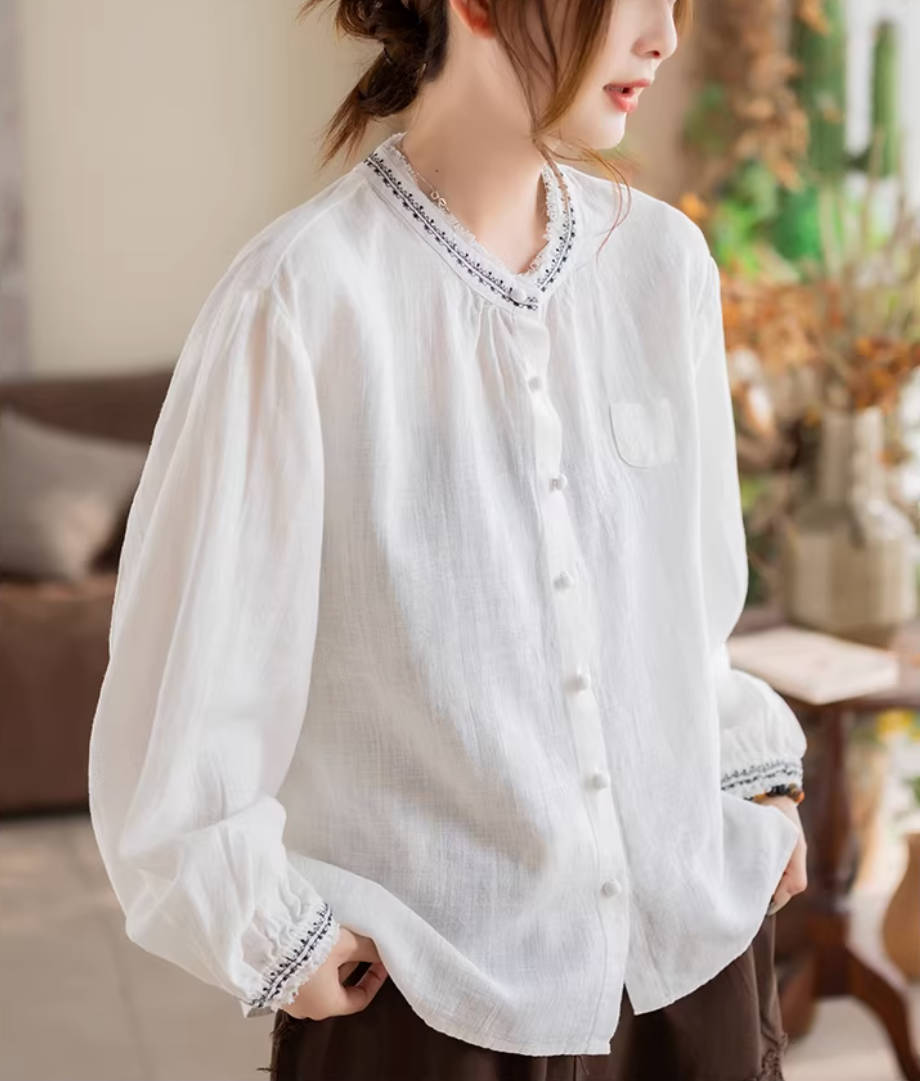 Spring Ramie Thin Embroidered Round Neck Versatile Casual Shirts