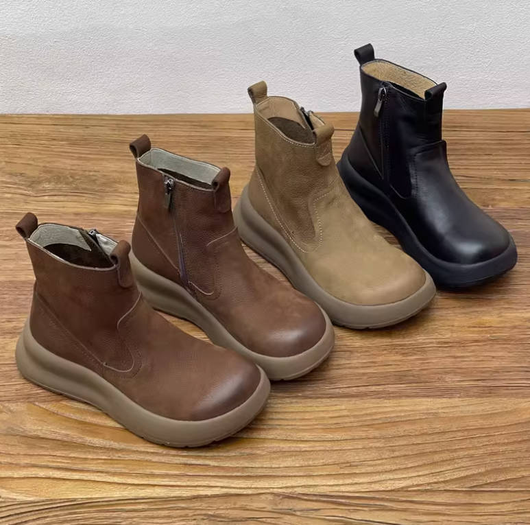 Women Vintage Top Grain Leather Casual Side-Zip Boots