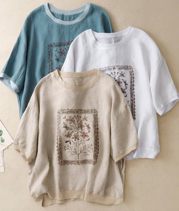 Spring Round Neck Short Sleeve Printed Casual Loose T-Shirt