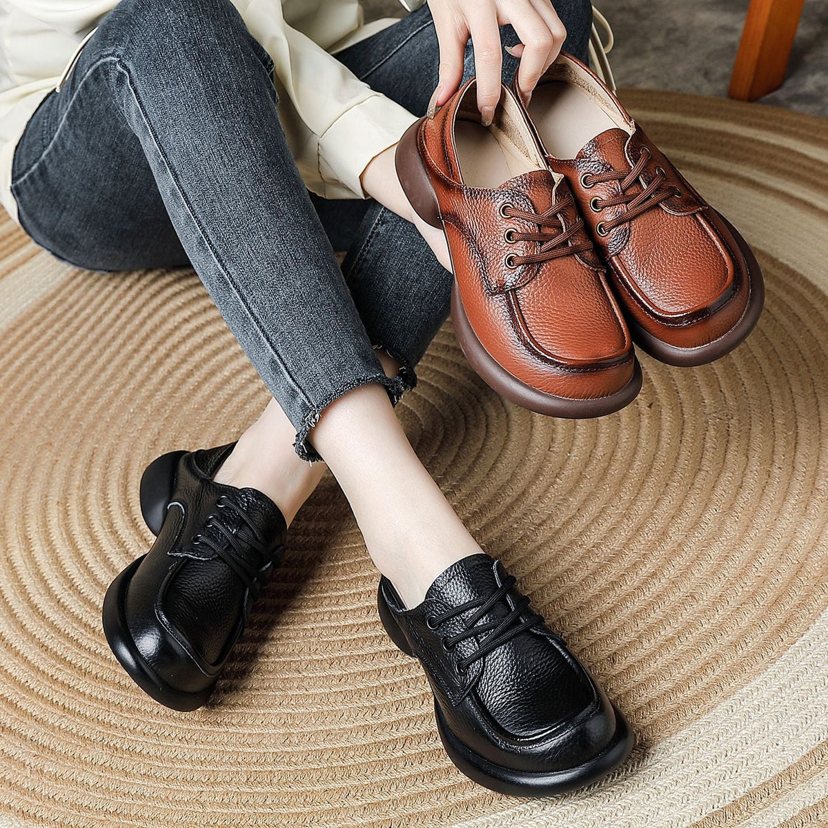 Top Leather Casual Round Toe Versatile Lace-Up Soft Sole Flats