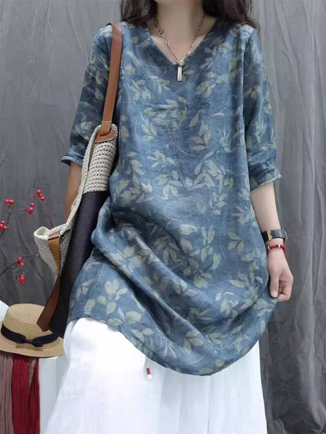 Summer Retro Ramie Floral Half Sleeves Long Loose Casual Shirt