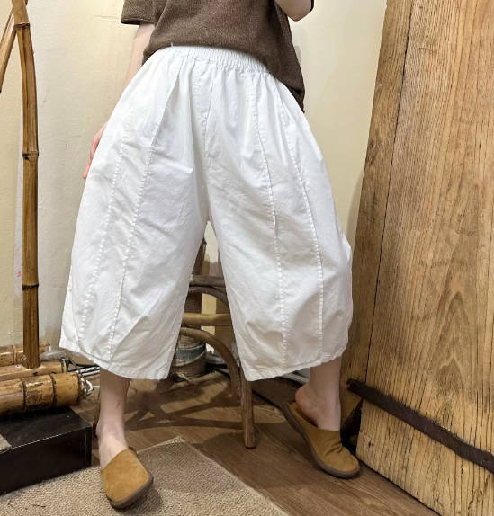 Women Casual Classic Versatile Cotton Straight Wide Leg Cropped Pants