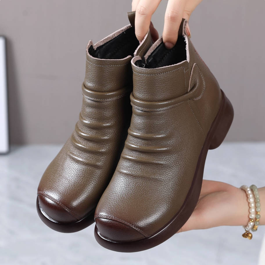 Genuine Leather Soft Sole Low Chunky  Zipper Plus Size Boots