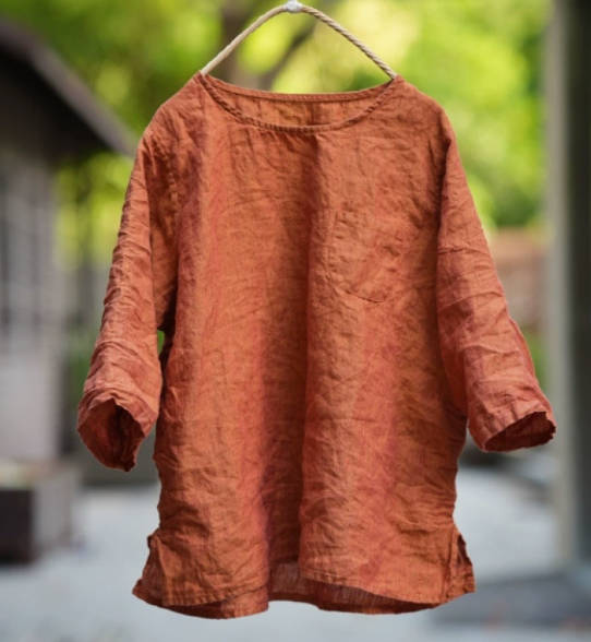Women  Solid Color Round Neck Versatile Linen Slim Fit Casual Top