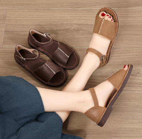 Summer Retro Single Strap Top Layer Cowhide Open Toe Sandals