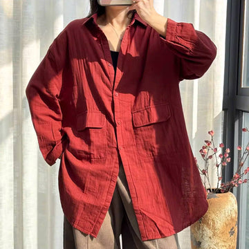 Retro Cotton Thin Soft Casual Long Loose Solid Color Shirt