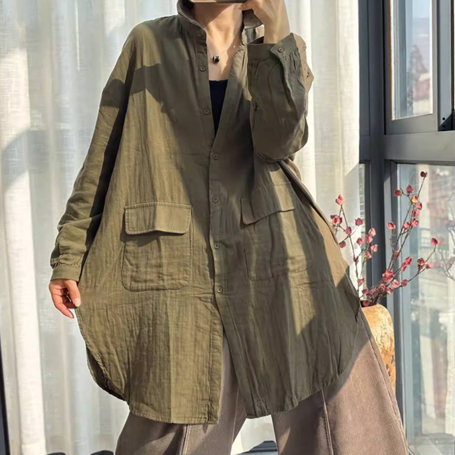 Retro Cotton Thin Soft Casual Long Loose Solid Color Shirt