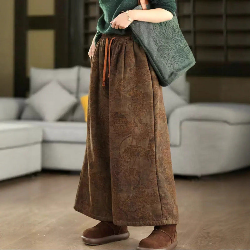 Winter Retro Cotton Printed Warm Plush Elastic Waist Loose Pants