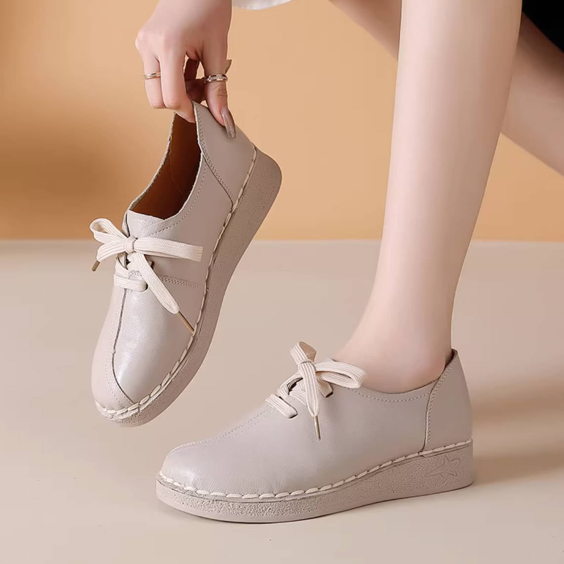 Spring Leather Round Toe Soft Sole Casual Lace-Up Working Shoes