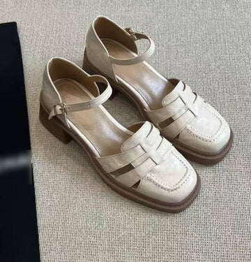 Vintage Roman Sheepskin Toe-Covered Ankle Strap Chunky Heel Pumps Sandals