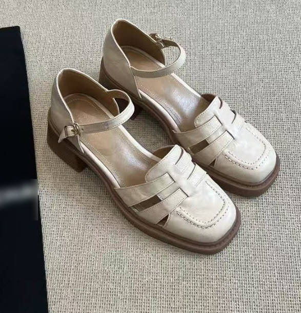 Vintage Roman Sheepskin Toe-Covered Ankle Strap Chunky Heel Pumps Sandals