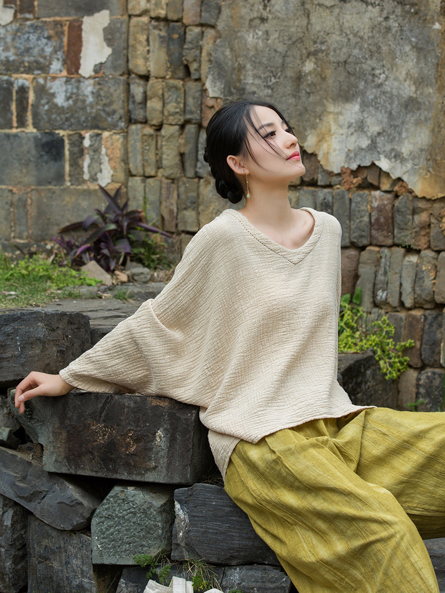 Solid Color Retro Cotton V-Neck Loose Textured Breathable Top