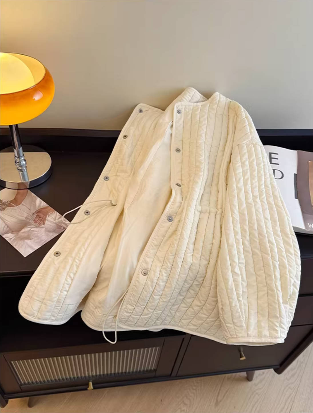Solid Color Cotton Striped Round Neck Warm Cotton-In Coat
