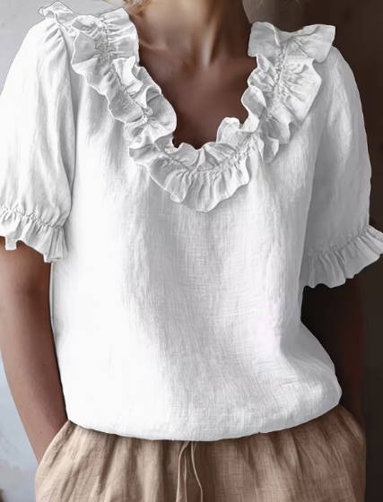 Casual Linen Solid Color Ruffled Short Sleeve Blouse Puff Sleeves Top